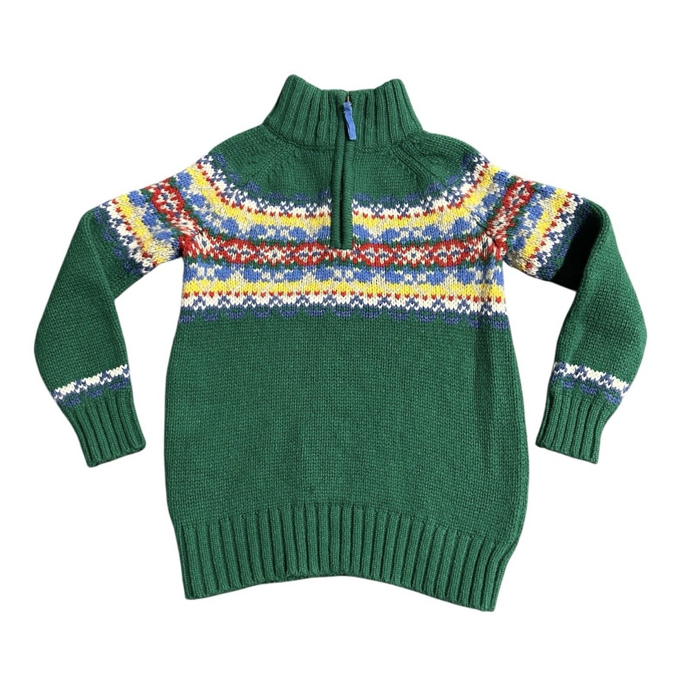 Boden Fair Isle Half Zip Sweater‎ Green Boys Kids Wool Blend Size 5-6 Years